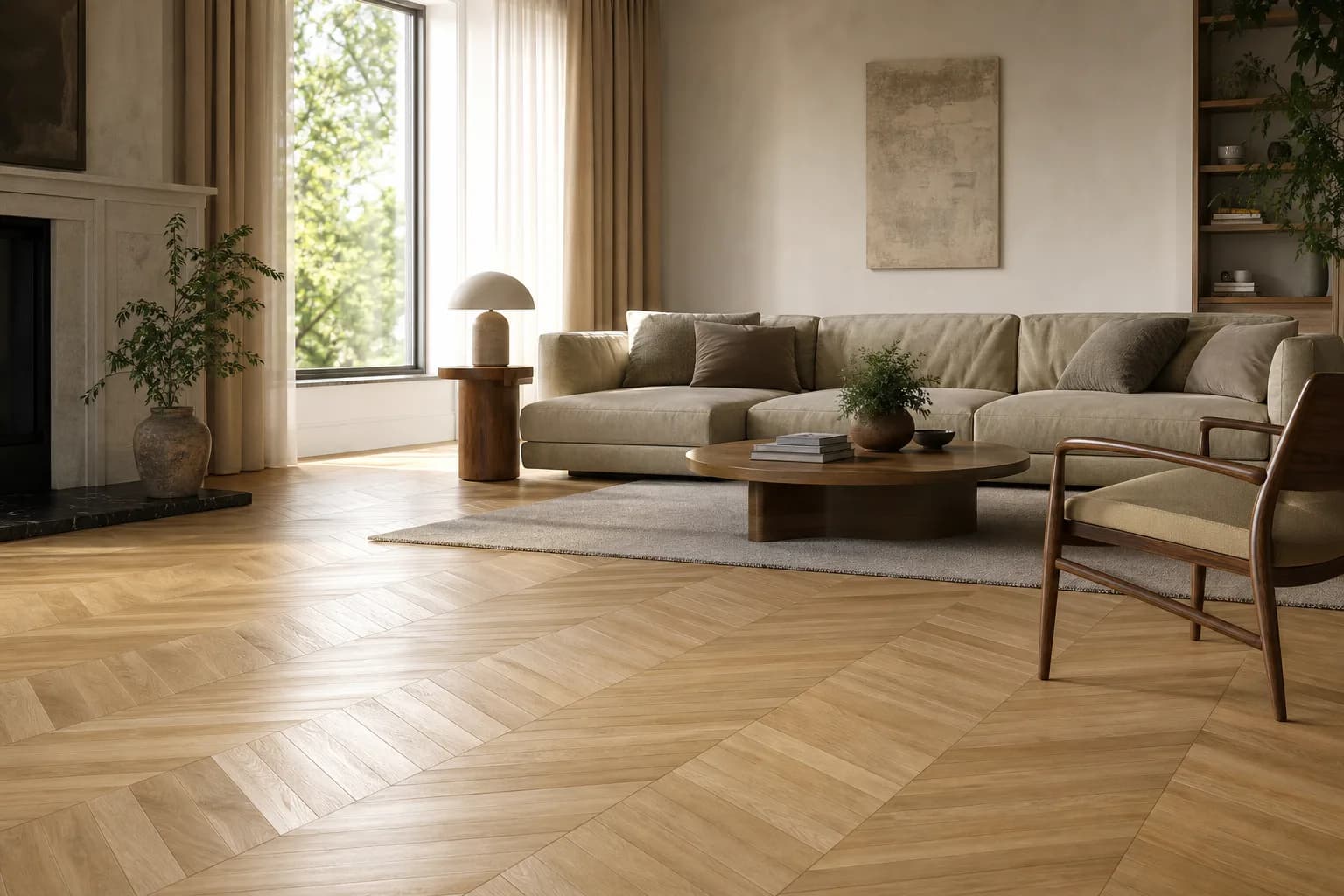 Herringbone parquet flooring — light oak herringbone in a bright living room