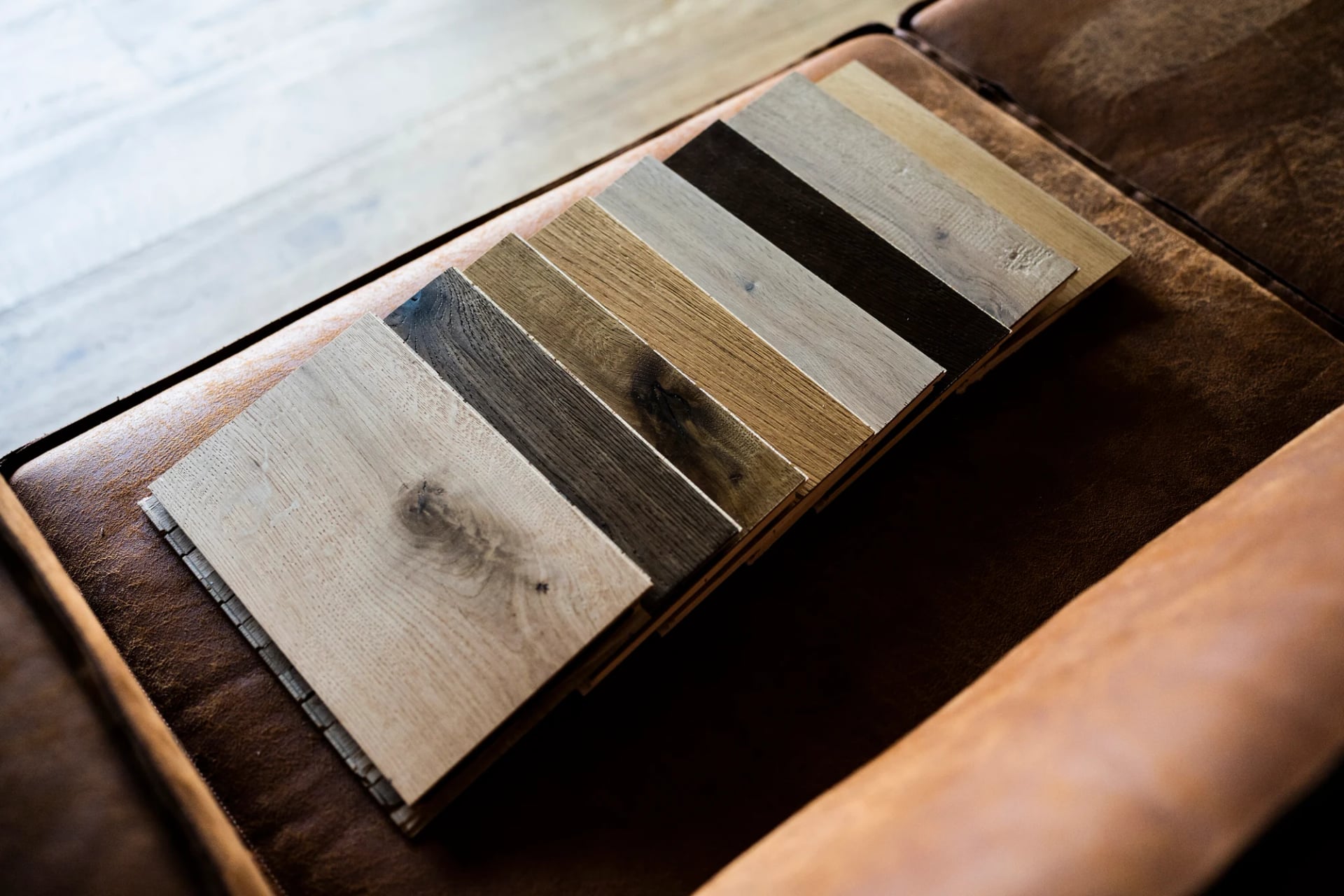 Parquet samples in natural daylight on a sofa