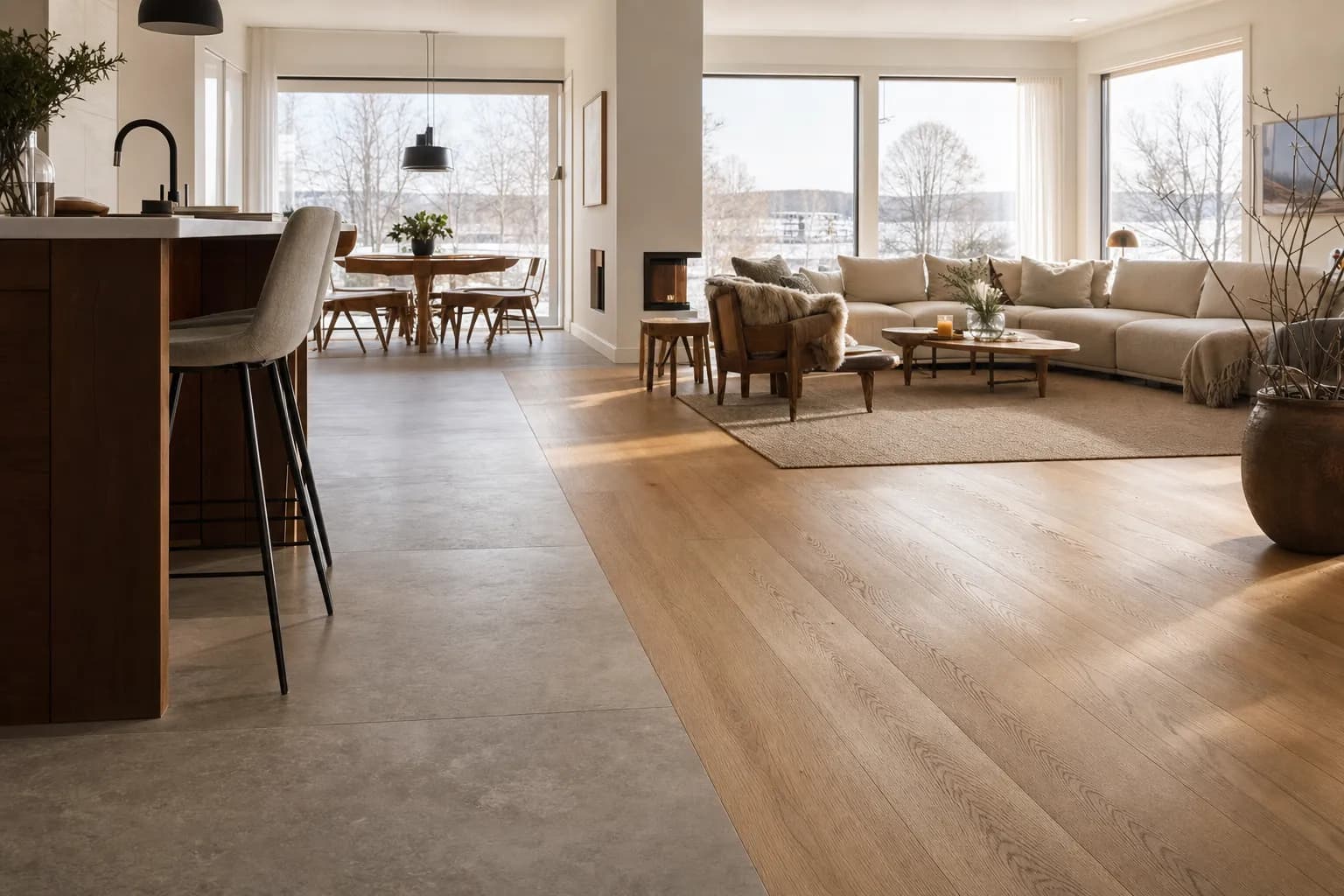 Open-plan interior where porcelain tiles meet light oak parquet over underfloor heating