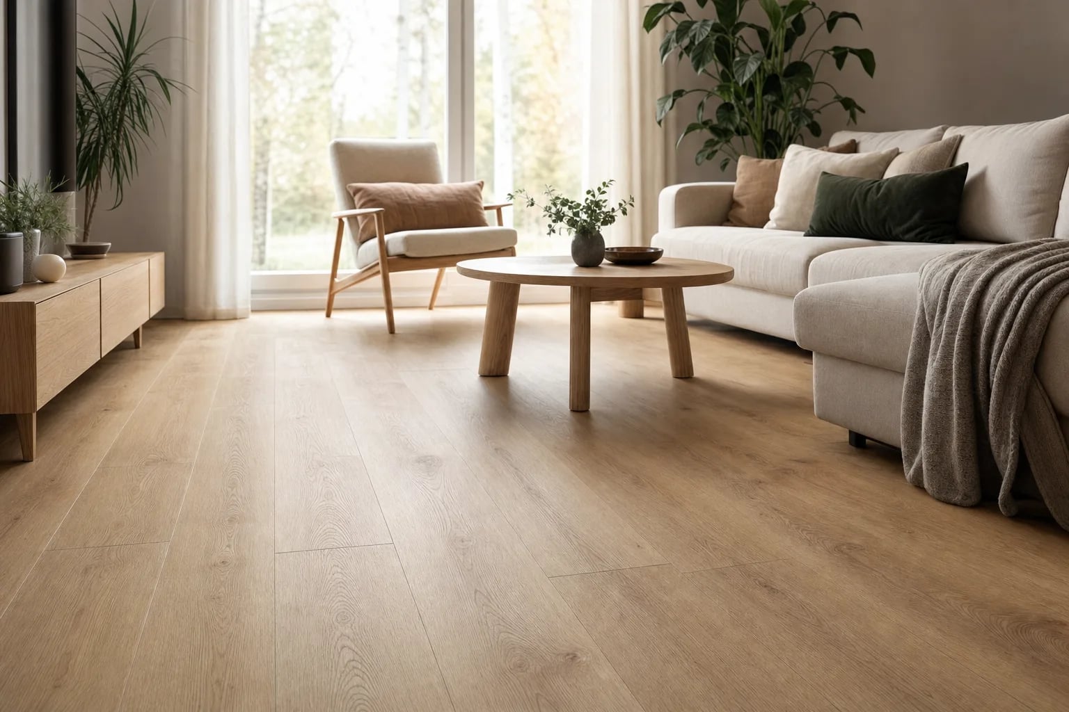 SPC vinyl flooring with an oak-look design in a light, cosy interior