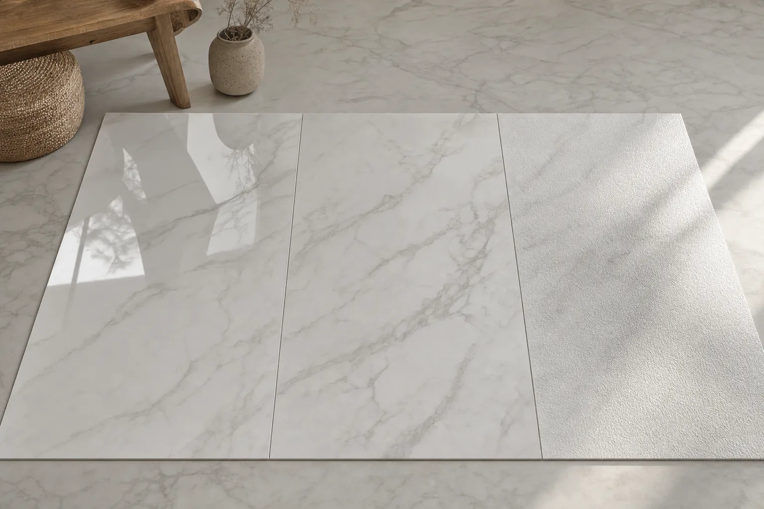 Three porcelain tiles in the same marble pattern: polished, matt and structured