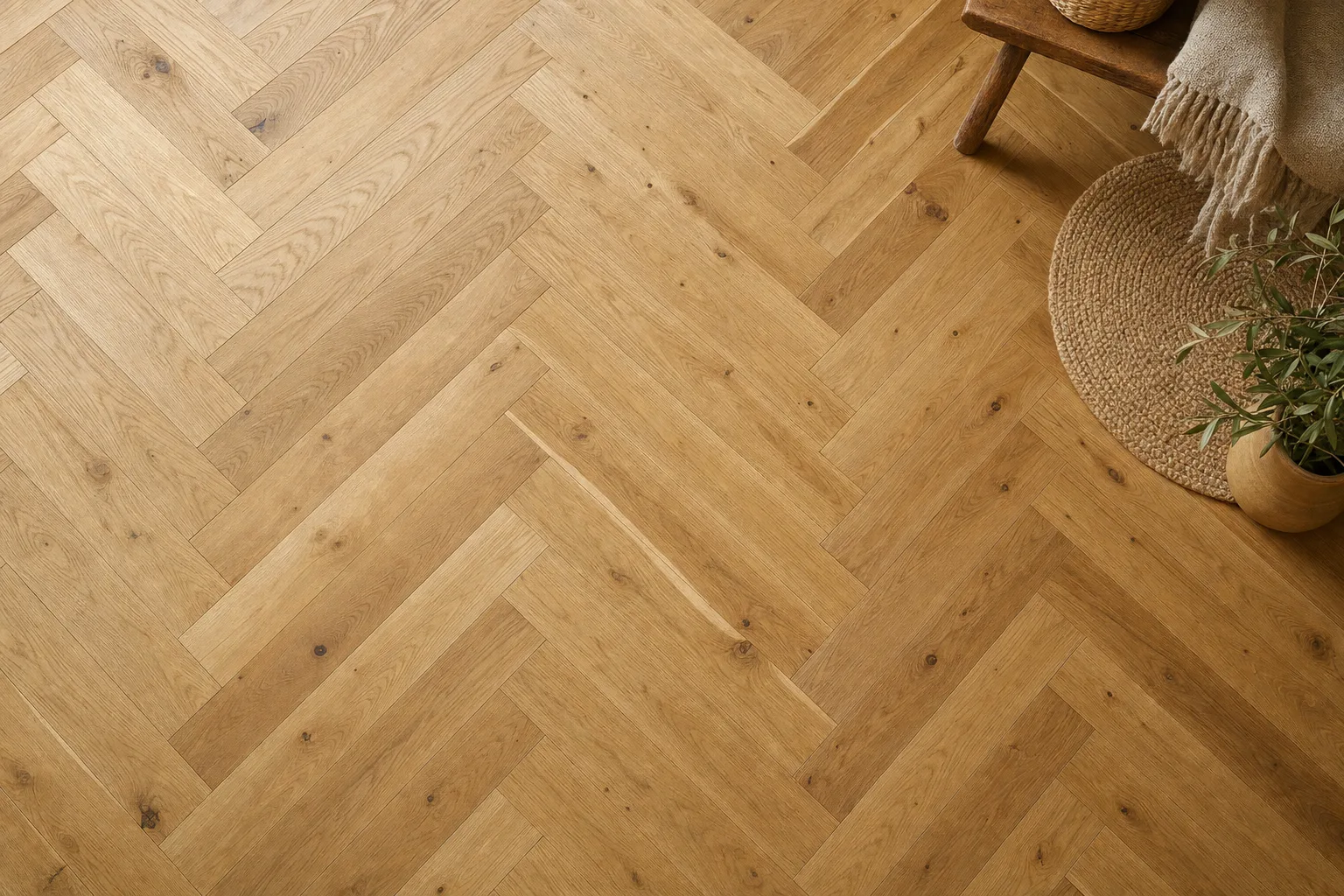 Oak flooring in a herringbone pattern — natural oak boards set at 90 degrees
