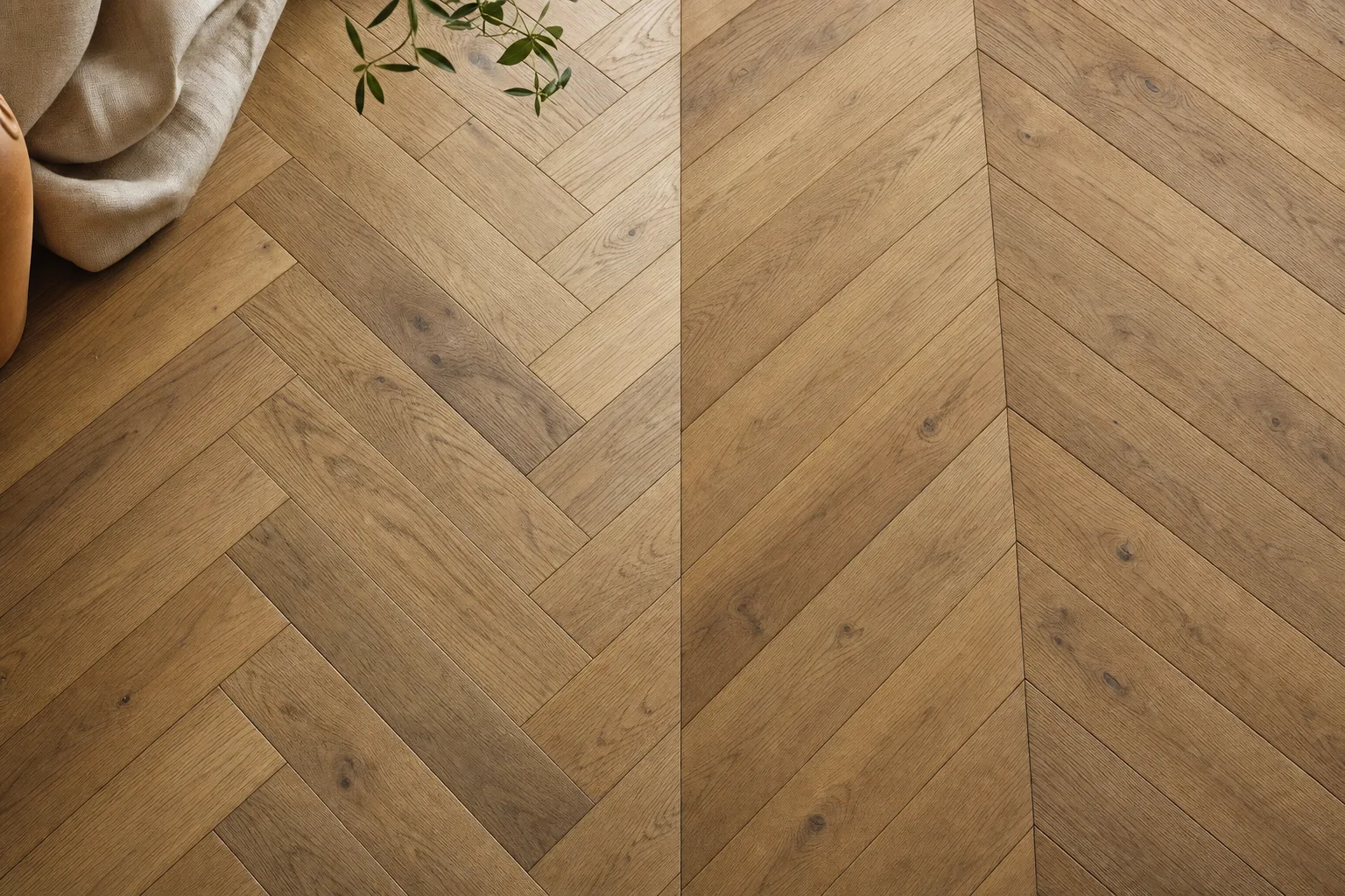 Herringbone pattern comparison — herringbone with 90° corners and chevron with 45° mitred ends, both in oak