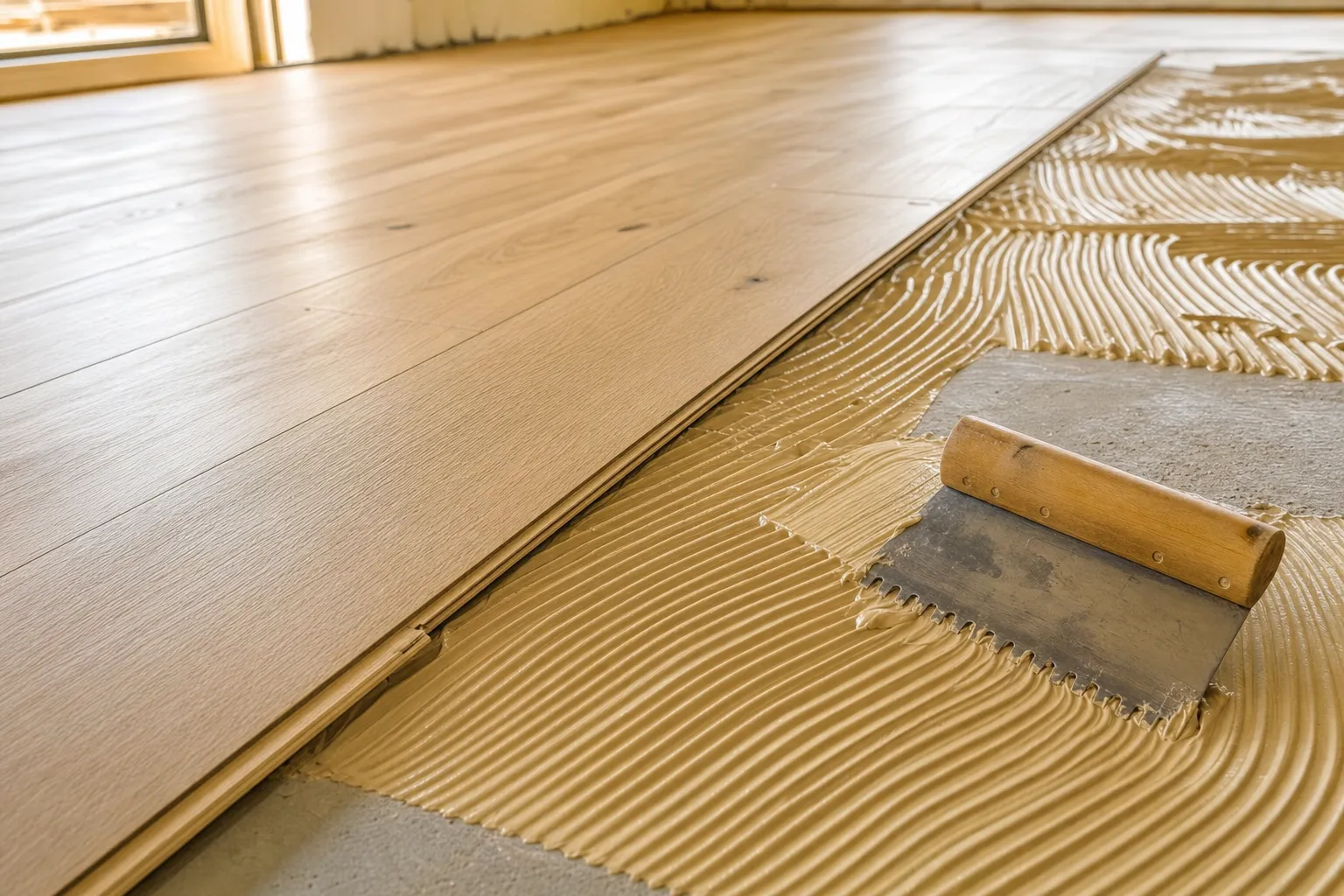 Engineered parquet being glued to a heated concrete subfloor with a notched trowel