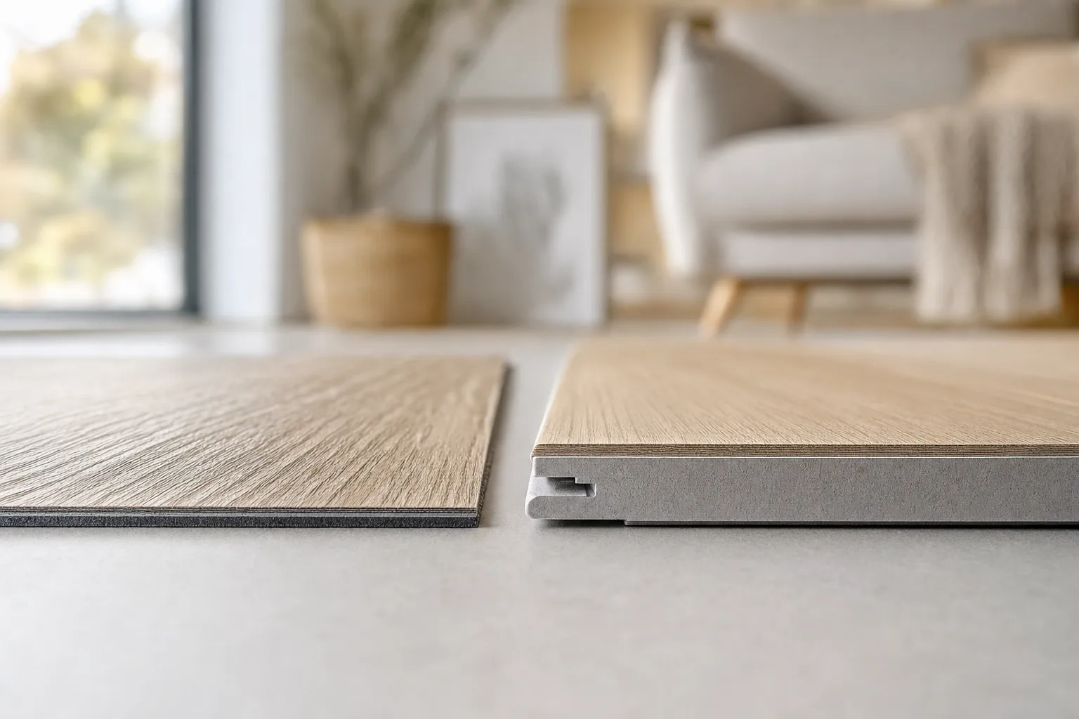 Lame LVT fine à coller et lame SPC clipsable épaisse avec son profil de verrouillage, vues de profil