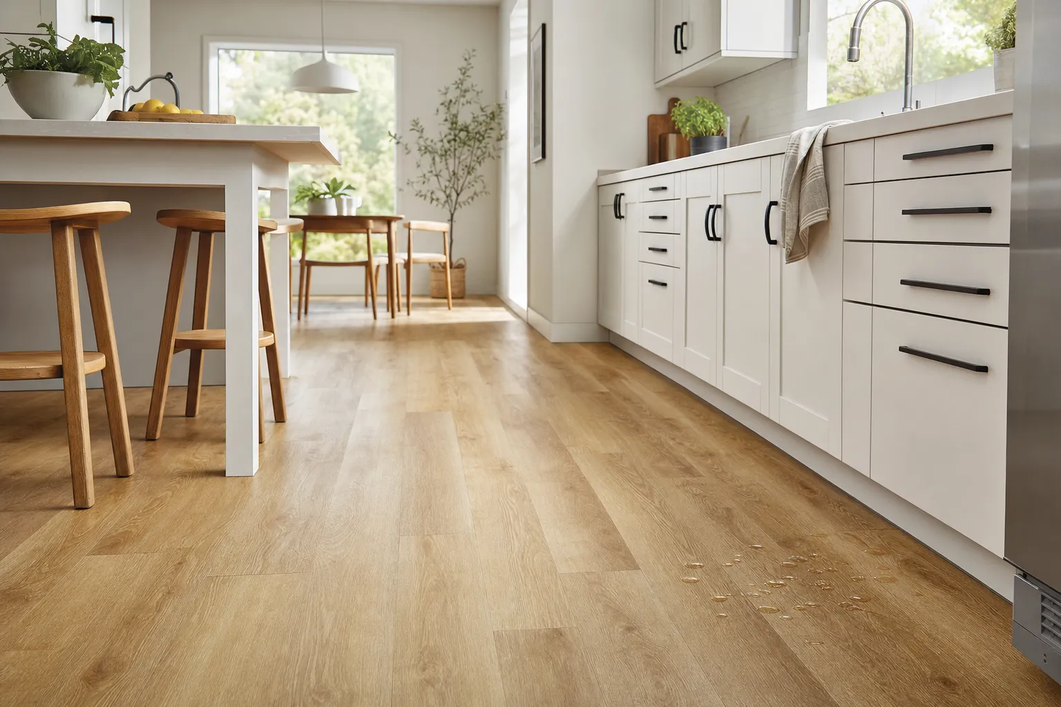 SPC vinyl flooring with an oak decor in a bright family kitchen beside the island