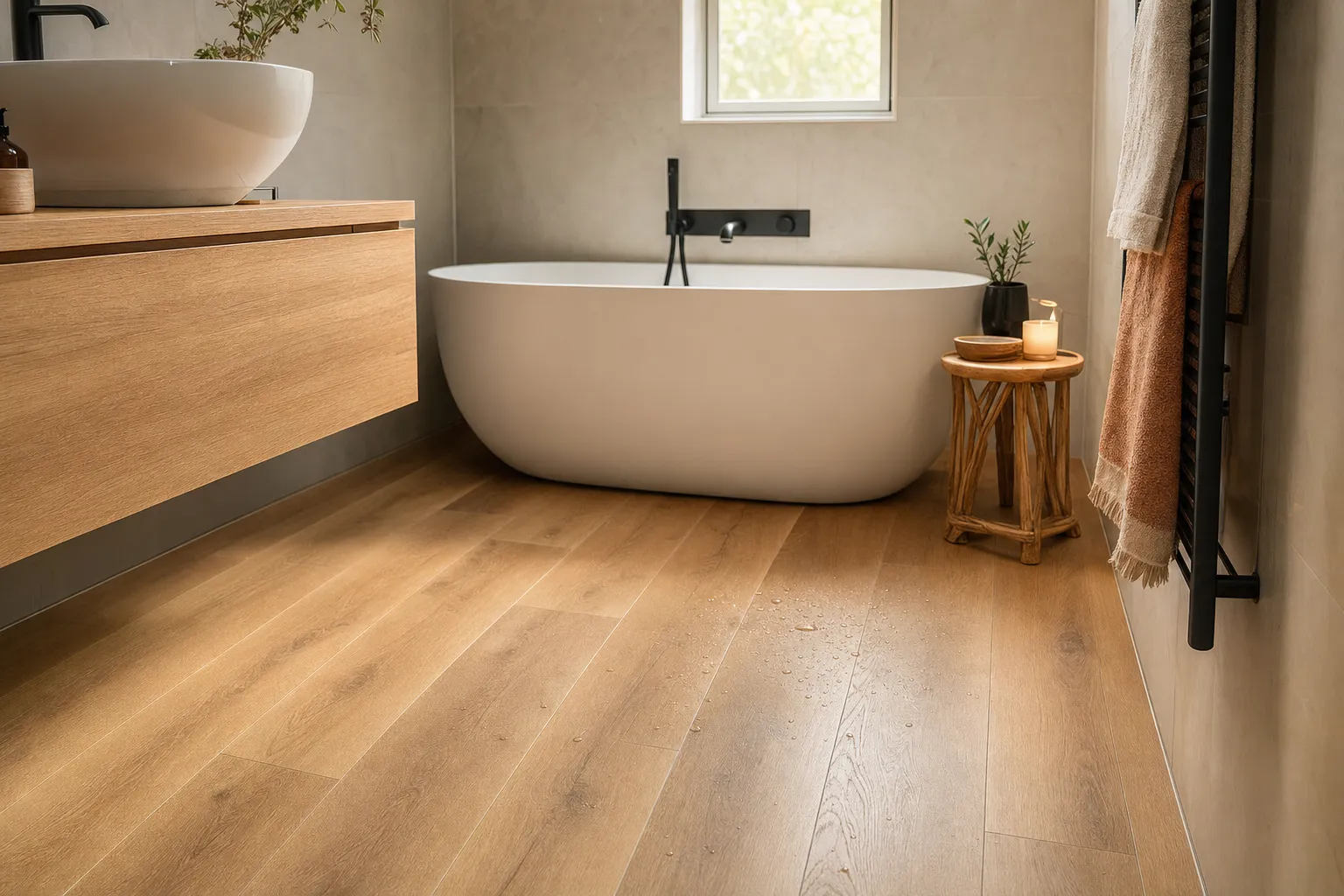 SPC vinyl flooring in a light oak decor in a renovated bathroom