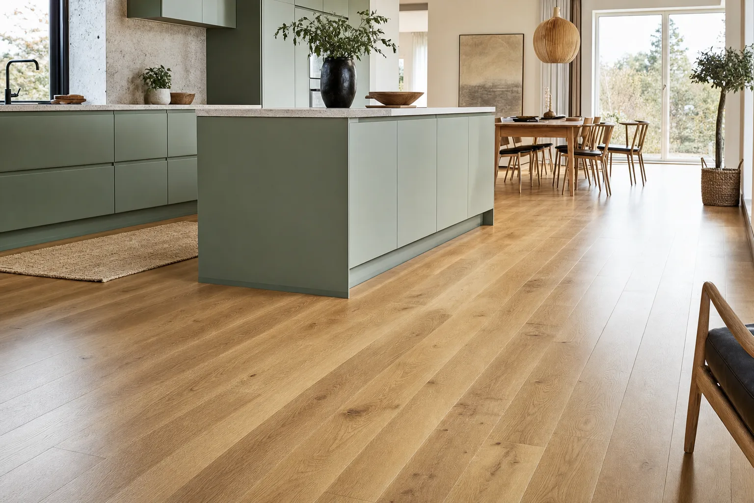Lacquered oak parquet in a modern open-plan kitchen with an island