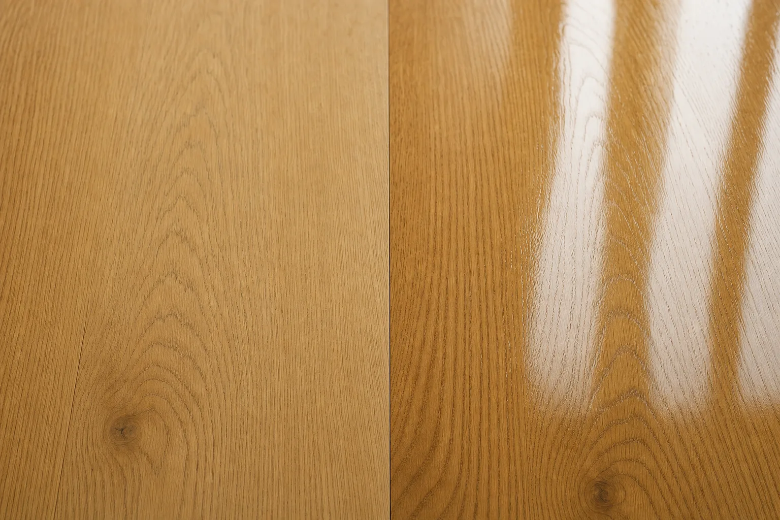 Oiled and lacquered oak parquet finishes compared side by side, close up