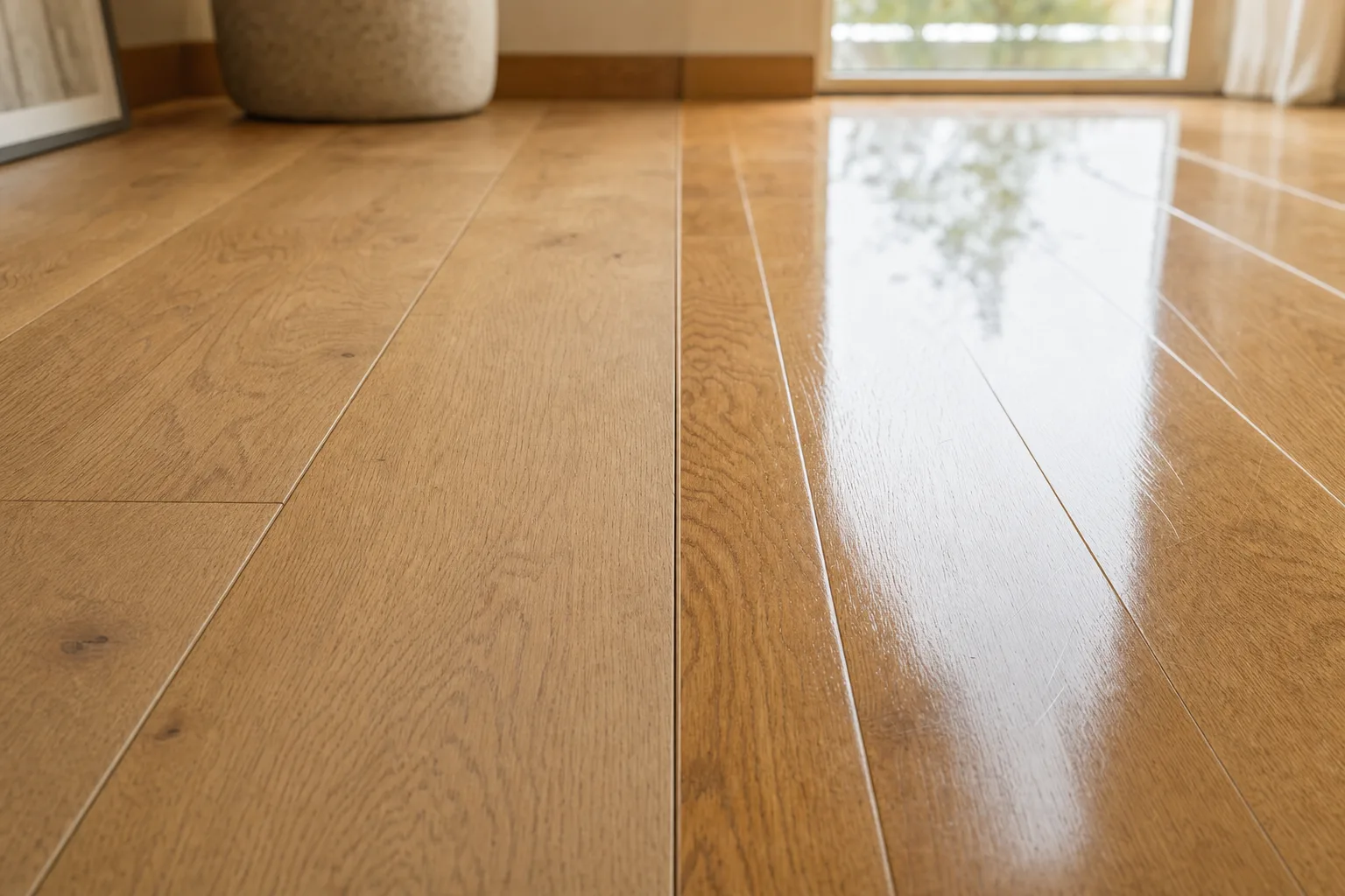 Matt oiled oak parquet compared with gloss lacquered oak parquet for a home with pets