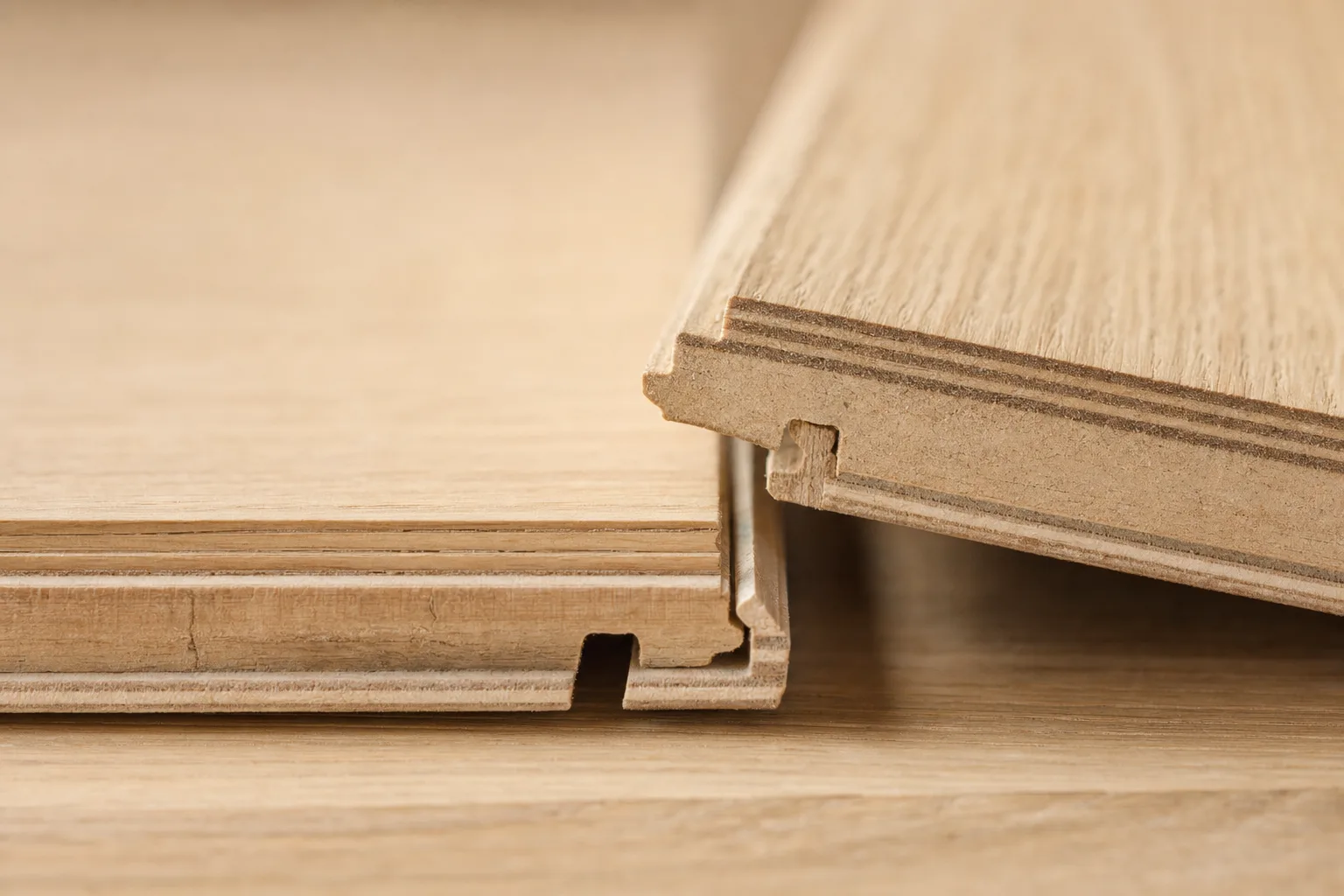 Close-up of the Drop Down Click joint profile on an oak parquet plank