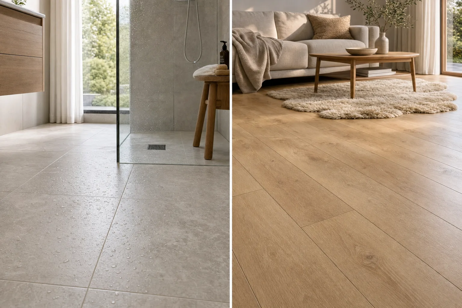 Tiles and vinyl compared: porcelain tiles in a bathroom and wood-effect SPC vinyl in a living room