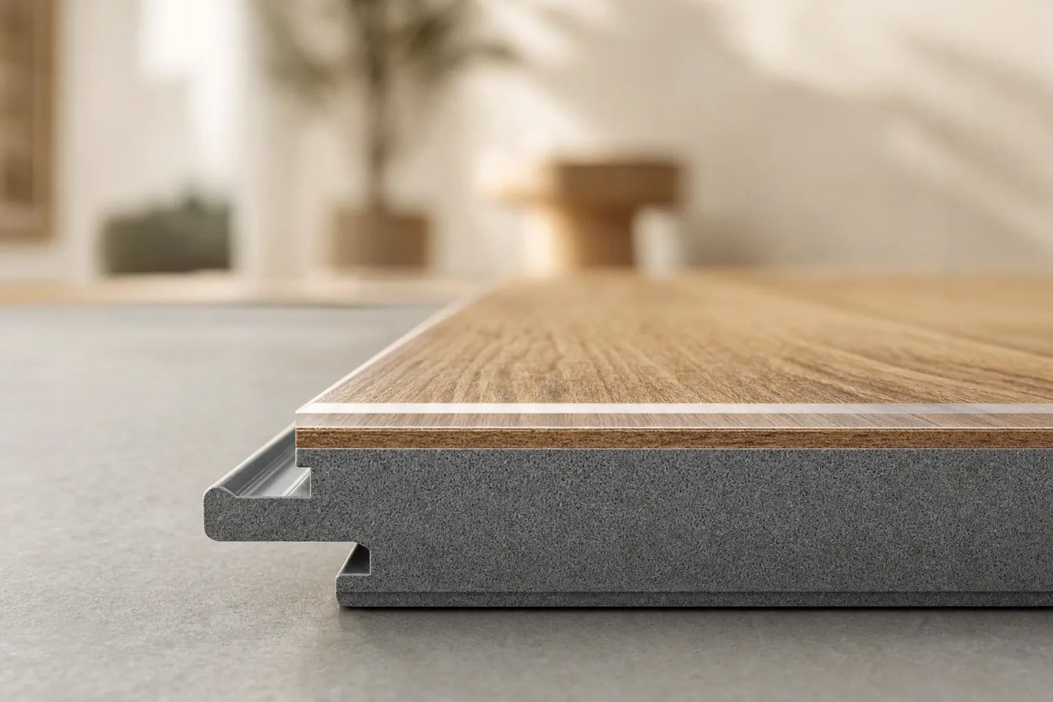 Cross-section of an SPC plank showing the stone-polymer core and wear layer