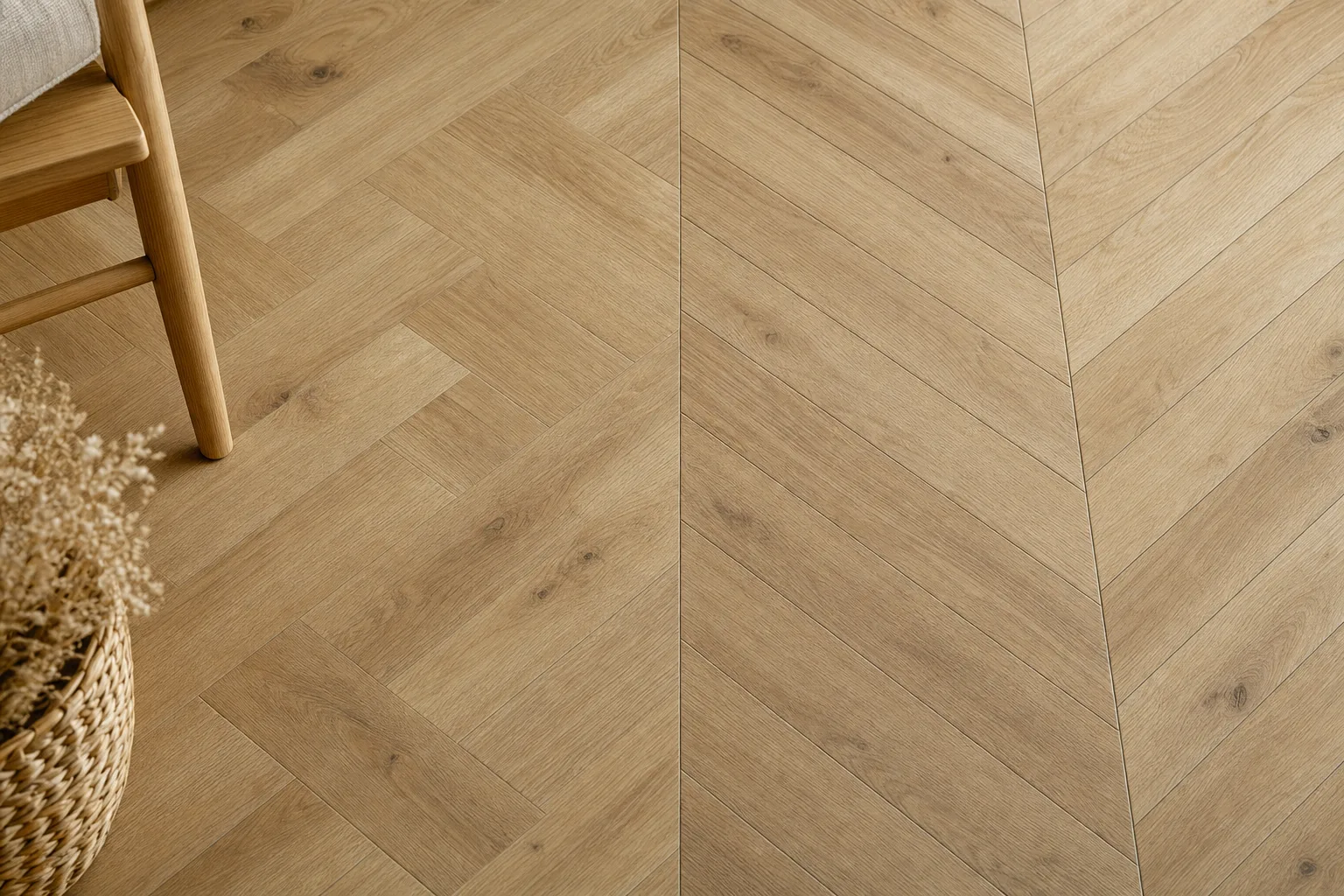 Close-up comparison of herringbone and chevron vinyl flooring